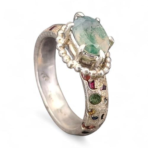 LeoLars-PABE Sandguss Chaos Design Ring mit facettiertem Moosachat, aus 925er Silber mit eingegossenen echten Edelsteinen, Gr. 55 (17,7), Unikat, Handarbeit von LeoLars-PABE