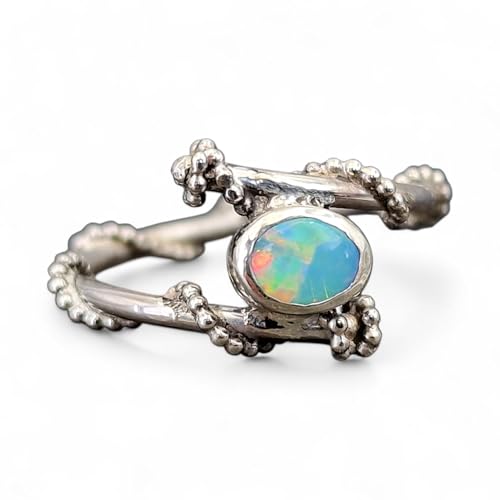LeoLars-PABE Verspielter, zarter Lightning Ridge Opal Design Ring aus 925er Silber, Gr. 52 (16,7), kräftiges Opalfeuer in blau und grün, Unikat, Handarbeit von LeoLars-PABE