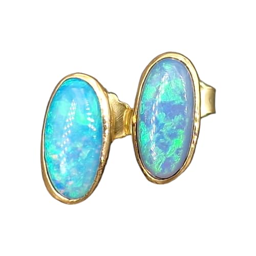 Lightning Ridge Opal Ohrstecker aus 585er Gelbgold, Opale brilliantes grün-blaues Opalfeuer, Semi Chrystal, Unikat, Handarbeit von LeoLars-PABE