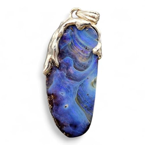 schöner großer Boulder Opal Anh. im Tropfendesign, aus 925er Silber, Opal Picture Stone mit verschiedenen gemeiner Opalschicht und partiellem Opalfeuer in blau und grün, Unikat, Handarbeit von LeoLars-PABE