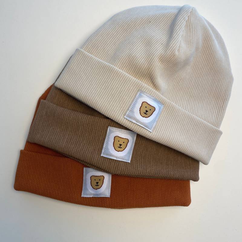 Beanie Mütze & Loop Schal Leoloewe Hipster Baby Kinder Erwachsene Creme Schoko Cognac Regenbogen Rainbow Löwe Bär von LeoLoeweShop