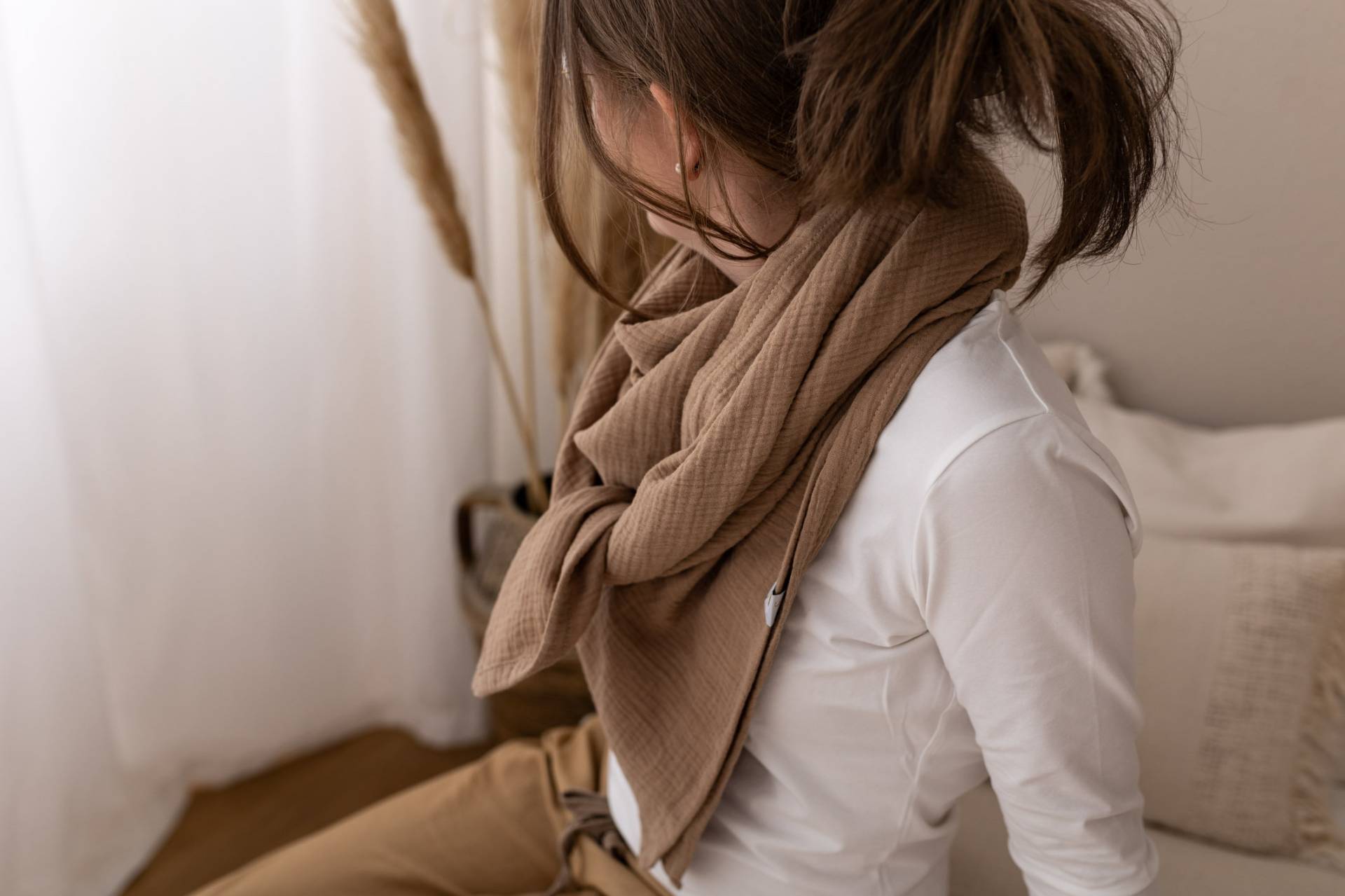 Musselintuch Xxl Musselinschal Dreieckstuch Erwachsene Damen Halstuch 100% Baumwolle Mini Me Look Creme Beige von LeoLoeweShop