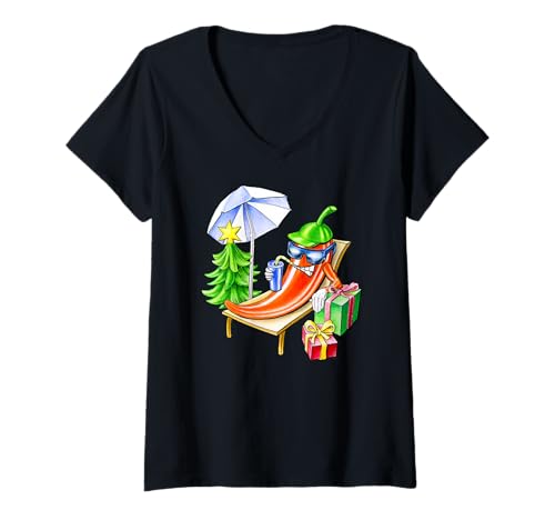 Damen Lustige Chili Weihnachten Cartoon Strand Party Cool Urlaub T-Shirt mit V-Ausschnitt Damen Lustige Chili Weihnachten Cartoon Strand Party Cool Urlaub T-Shirt mit V-Ausschnitt von LeoWolfertArt Characters Shop