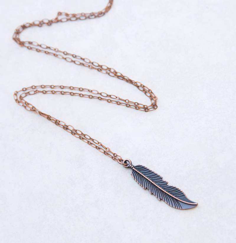 Kupfer Feder Halskette, Boho Layering Anhänger, Große Feder, Anhänger Etsy von LeoandLovey