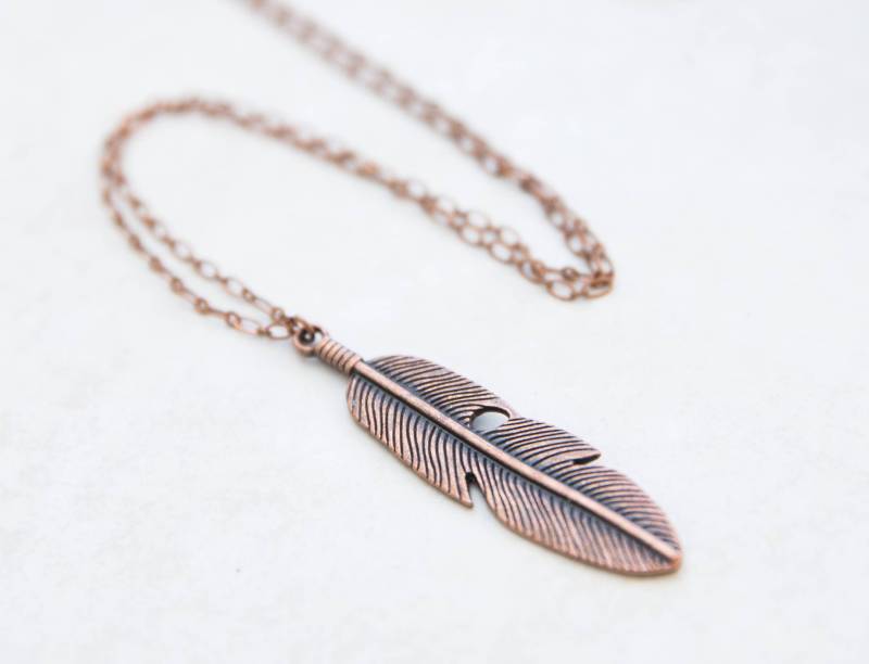 Kupfer Feder Halskette, Großer Boho Anhänger, Lange Halskette Für Männer, Frauen Kupfer Feder Halskette, Großer Boho Anhänger, Lange Halskette Für Männer, Frauen von LeoandLovey