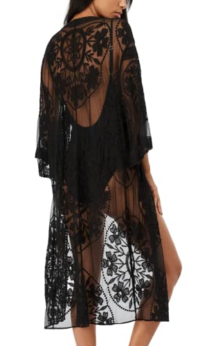 LeofL Damen-Kaftan mit Spitze, langes Maxi-Strandkleid, Morgenmantel, Nachthemd, Kleid über Badeanzug, F Schwarz, Einheitsgröße von LeofL