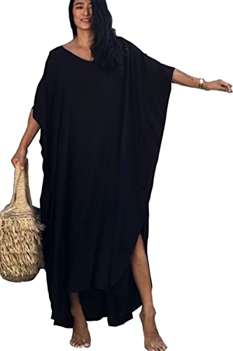 LeofL Damen Casual Kleid Lange Maxi Nachtwäsche Kaftan Tunika Body Cover Up, Schwarz , Einheitsgröße von LeofL