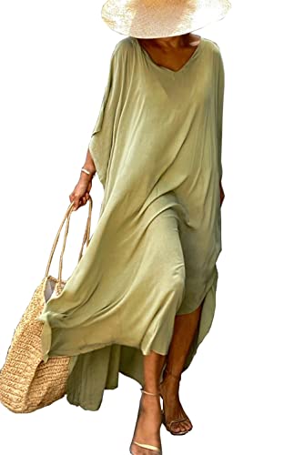 LeofL Damen Casual Kleid Lang Maxi Nachtwäsche Kaftan Tunika Body Cover Up, gelbgrün, Einheitsgröße von LeofL