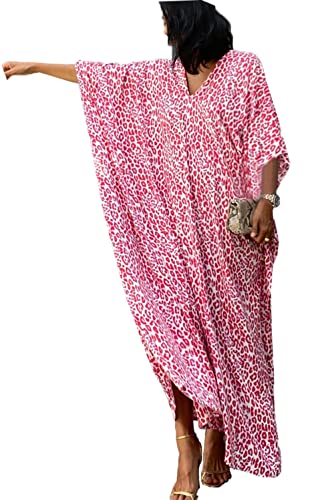 LeofL Damen Freizeitkleid Lange Maxi Nachtwäsche Kaftan Tunika Einheitsgröße, F Leopard, Einheitsgröße von LeofL