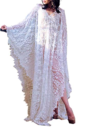 LeofL Damen-Kaftan mit Spitze, lang, Maxi-Strandkleid, Bademantel, Nachthemd, Kleid über Badeanzug, B, weiß, One Size von LeofL