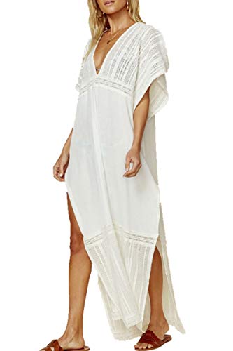 LeofL Damen-Kaftan mit Spitze, lang, Maxi-Strandkleid, Bademantel, Nachthemd, Kleid über Badeanzug, D Weiß, One Size von LeofL