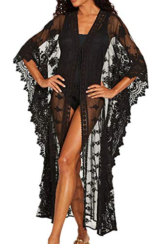 LeofL Damen-Kaftan mit Spitze, lang, Maxi-Strandkleid, Bademantel, Nachthemd, Kleid über Badeanzug, U Schwarz, Einheitsgröße von LeofL