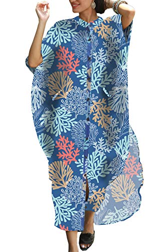 LeofL Damen Lange Boho Cardigan Strand Kaftan Maxi Morgenmantel Nachthemd Badeanzug Cover Ups, Ein mehrfarbiges Korallenrot, Einheitsgröße von LeofL