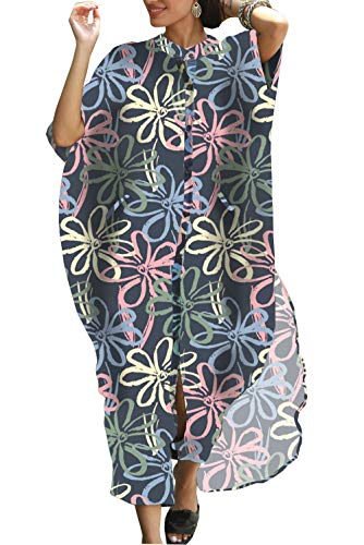 LeofL Damen Langer Boho Cardigan Strand Kaftan Maxi Morgenmantel Nachthemd Badeanzug Cover Ups, Eine Multi Flower, Einheitsgröße von LeofL