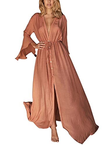 LeofL Damen Langer V-Ausschnitt Cardigan Strand Maxi Kaftan Bademantel Nachthemd Badeanzug Cover Ups, B Hellbraun, One size von LeofL