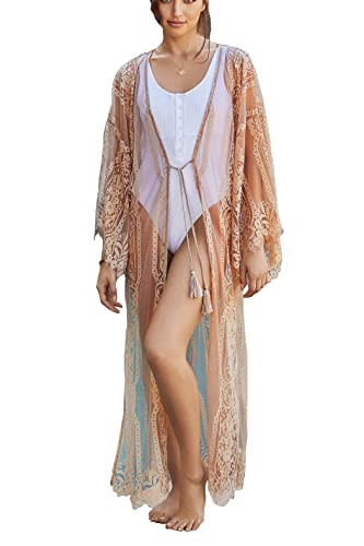 LeofL Damen-Kaftan mit Spitze, lang, Maxi-Strandkleid, Morgenmantel, Nachthemd, Kleid über Badeanzug, V Beige, Einheitsgröße von LeofL