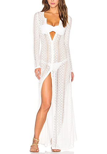 LeofL Damen-Spitzen-Kaftan, lang, Maxi-Strandkleid, Morgenmantel, Nachthemd, Kleid über Badeanzug, W Weiß, Einheitsgröße von LeofL