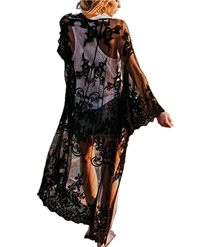 LeofL Damen-Kaftan mit Spitze, lang, Maxi-Strandkleid, Bademantel, Nachthemd, Kleid über Badeanzug, Y Schwarz, Einheitsgröße von LeofL