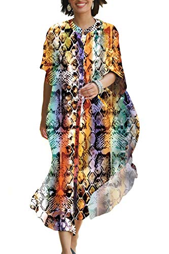 LeofL Damen-Morgenmantel, lang, Boho-Strickjacke, Strand, Kaftan, Maxi, Nachthemd, Badeanzug, A Blue Snake 2, Einheitsgröße von LeofL