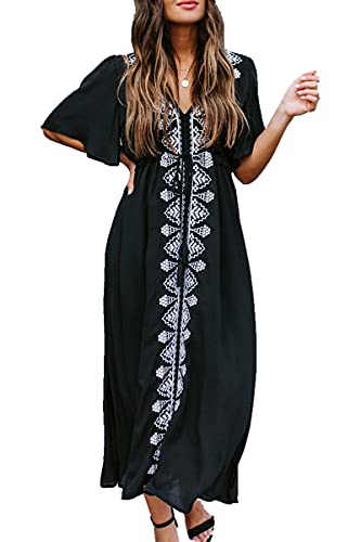 LeofL Frauen Sommer Stickerei Kaftan Boho Bademantel Nachthemd Kimono Badeanzug Cover Ups, E Schwarz, One size von LeofL