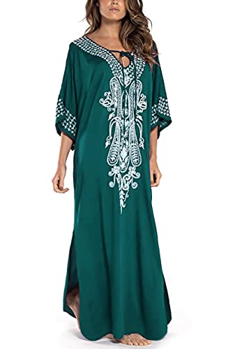 LeofL Frauen Sommer Stickerei Kaftan Boho Bademantel Nachthemd Kimono Badeanzug Cover Ups, A Green, Einheitsgröße von LeofL