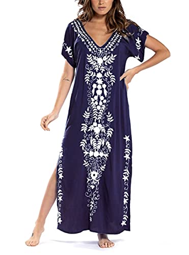 LeofL Damen Sommer Stickerei Kaftan Boho Bademantel Nachthemd Kimono Badeanzug Cover Ups, B Marineblau, Einheitsgröße von LeofL