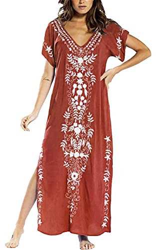 LeofL Damen Sommer Stickerei Kaftan Boho Bademantel Nachthemd Kimono Badeanzug Cover Ups, B Weinrot, Einheitsgröße von LeofL