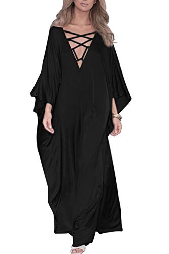 LeofL Damen Sommer V-Ausschnitt fließender Kaftan Strand Maxi Bademantel Nachthemd Badeanzug Cover Ups, A Schwarz, One Size von LeofL