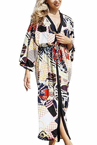 LeofL Damen Strand Cardigan Bademantel Nachthemd Yukata Kimono Badeanzug Cover Ups, B Multi Black, Einheitsgröße von LeofL