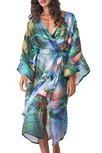 LeofL Damen Strand Cardigan Bademantel Nachthemd Yukata Kimono Badeanzug Cover Ups, O Multi Green, One size von LeofL