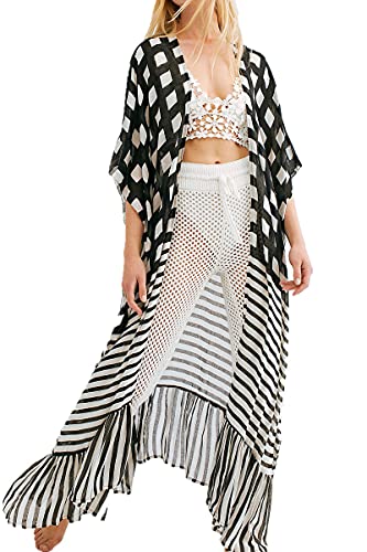 LeofL Damen Strand Cardigan Bademantel Nachthemd Yukata Kimono Badeanzug Cover Ups, B Schwarz Weiß, One size von LeofL