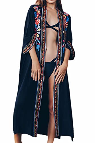 LeofL Damen Strand-Cardigan Morgenmantel Nachthemd Kaftan Kleid Badeanzug Cover Ups, J Schwarze Blume, Einheitsgröße von LeofL