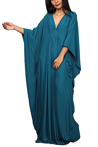 LeofL Kaftan Dressing Lose Kleid Abendkleid Nachthemd Maxikleider Langes Kleid, blau - peacock blue, Einheitsgröße von LeofL