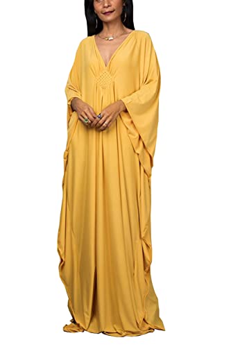 LeofL Kaftan Morgenkleid Lose Kleid Abendkleid Nachthemd Maxikleider Langes Kleid, gelb, Einheitsgröße von LeofL