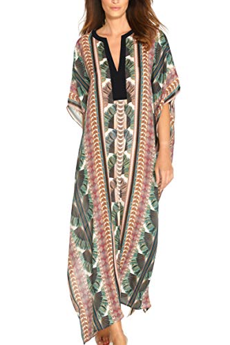 LeofL Langes fließendes Strandkleid für Damen, Boho, Kaftan, Kimono, Maxi-Bademantel, Nachthemd, Badeanzug, H Multi Ethnic, Einheitsgröße von LeofL