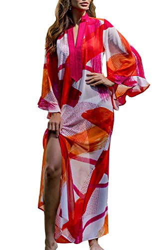 LeofL Langes fließendes Strandkleid für Damen, Boho, Kaftan, Kimono, Maxi-Bademantel, Nachthemd, Badeanzug, M Multi Red, Einheitsgröße von LeofL