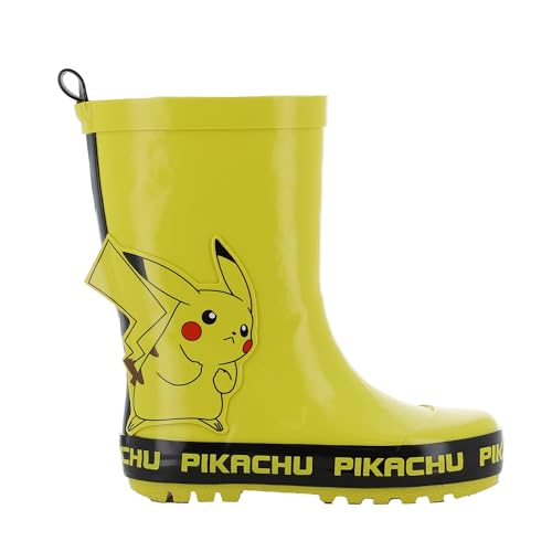 Leomil Pokemon Gummistiefel Jungen von 3 bis 8 Jahre, Ungefütterte Warme Regenschuhe für Kinder 30 EU, Wasserdichte Regenstiefel mit Pikachu Motiv, Schlupfstiefel für nassen Tagen, Gelbe von Leomil