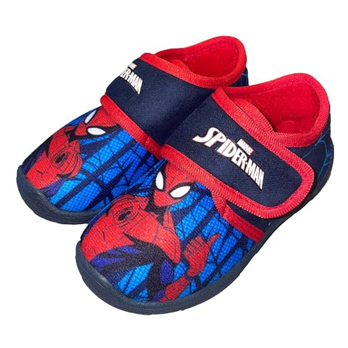 SPIDERMAN Hausschuhe Kinder Junge von 2 bis 8 Jahre, Warme Pantoffeln mit Avengers Motiv 26 EU, Hauspatschen Jungs, Marvel Kinder Hausschuhe Jungen mit Klettverschluss ideal fur Kindergarten, Blau von Leomil