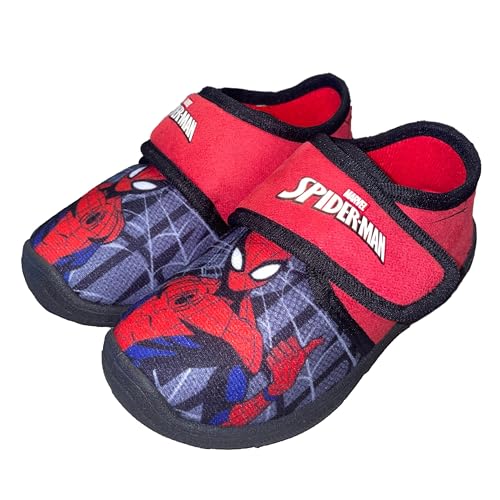 SPIDERMAN Hausschuhe Kinder Junge von 2 bis 8 Jahre, Warme Pantoffeln mit Avengers Motiv 26 EU, Hauspatschen Jungs, Marvel Kinder Hausschuhe Jungen mit Klettverschluss ideal fur Kindergarten, Rot von Leomil