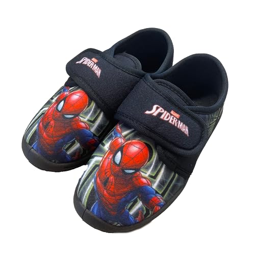 SPIDERMAN Hausschuhe Kinder Junge von 2 bis 8 Jahre, Warme Pantoffeln mit Avengers Motiv 32 EU, Hauspatschen Jungs, Marvel Kinder Hausschuhe Jungen mit Klettverschluss ideal fur Kindergarten, Schwarz von Leomil