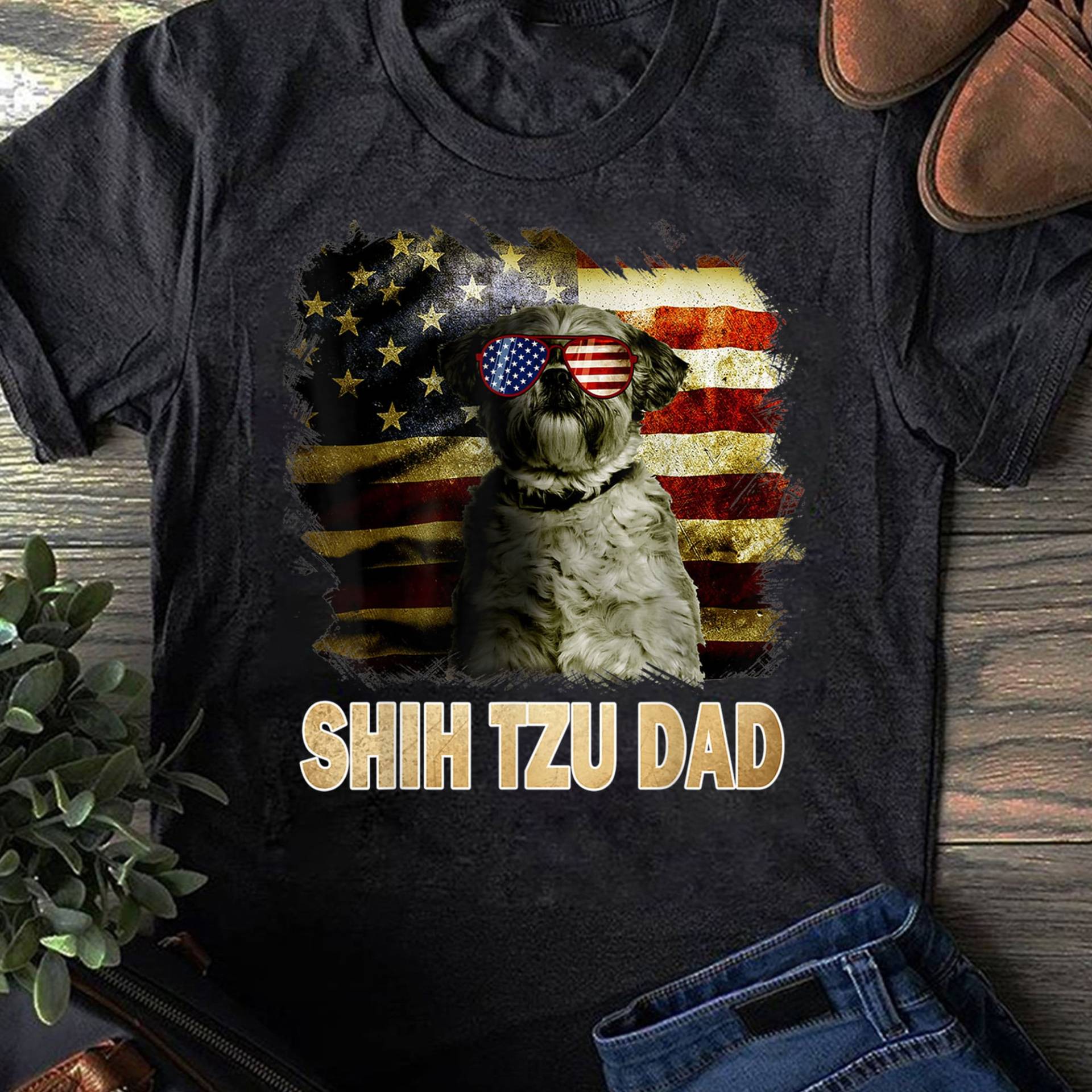 Best Shih Tzu Dad Ever American Flag 4Th Of Juli Hundeliebhaber T-Shirt - Geschenk Für Lustiger Hund Vintage Shirt Liebhaber von LeonaTee