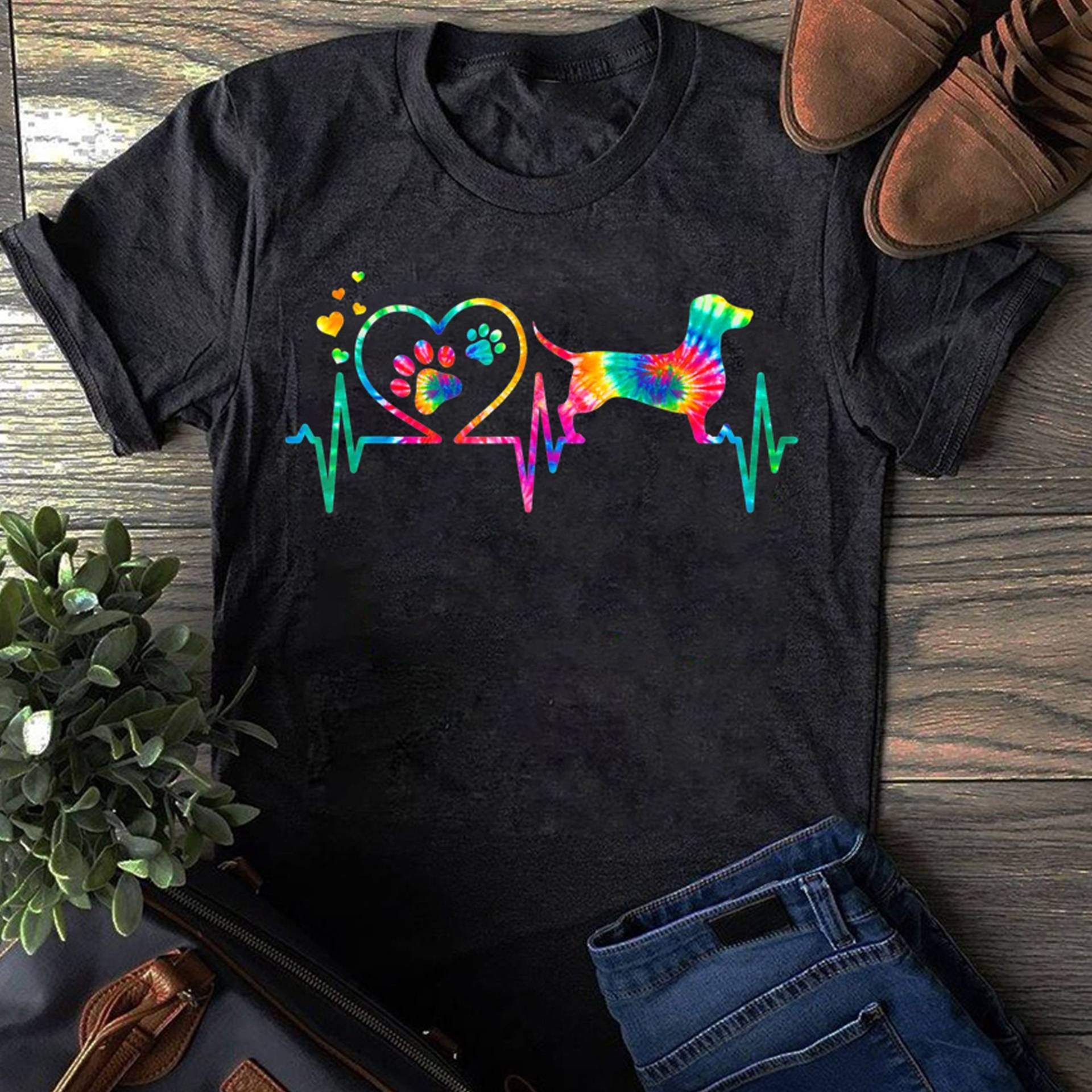 Dackel Doxie Weenie Mama Papa Herzschlag Tie Dye Hund Geschenk T-Shirt - Für Hundeliebhaber Lustiger Vintage Shirt von LeonaTee