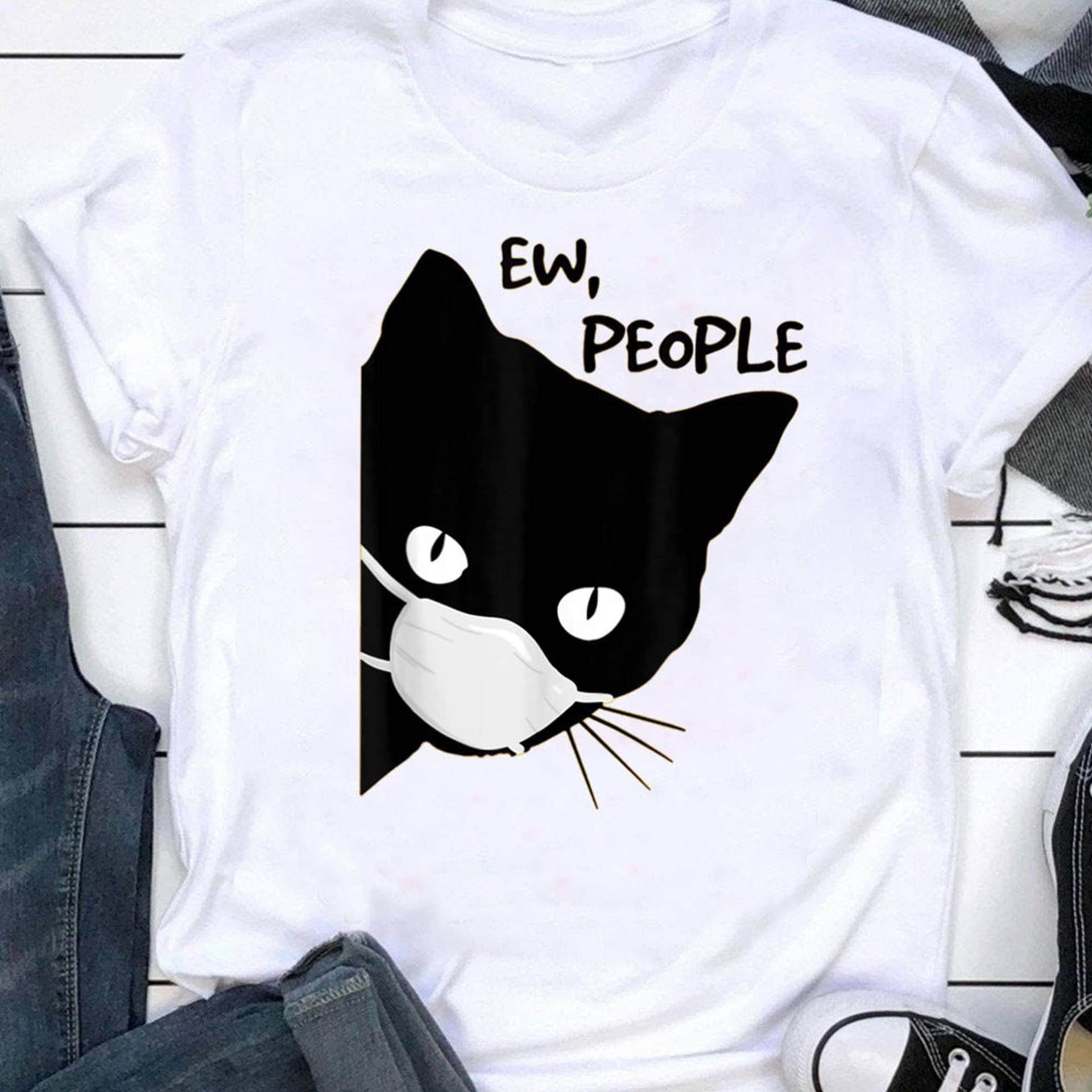 Ew People - Schwarze Katzenmaske- Quarantäne 2021 T-Shirt, Katzenliebhaber Geschenk, Lustiges Katzenshirt, Sommershirt, Coole Katze von LeonaTee