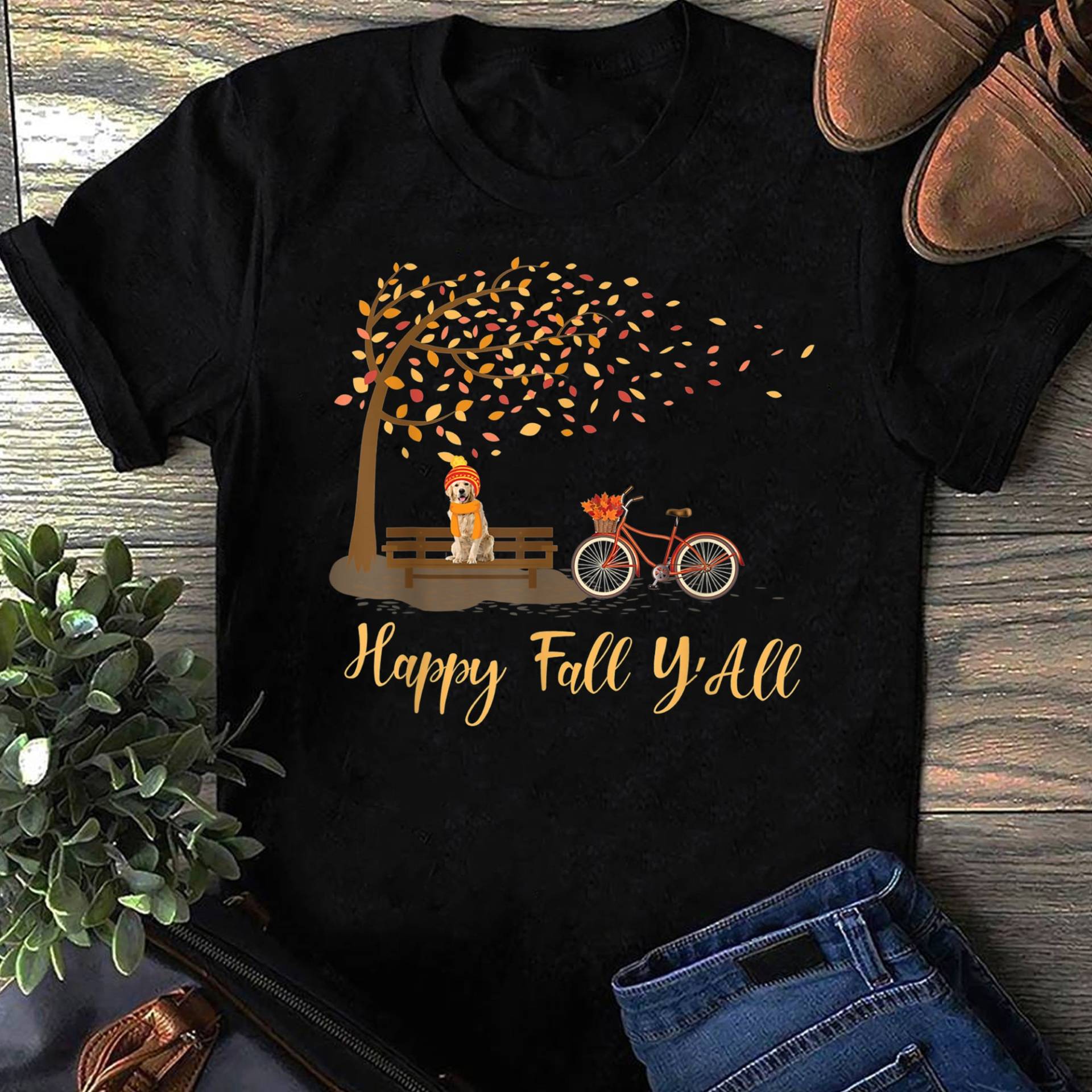 Happy Fall Y'all Funny Golden Retriever Hund Herbst Fahrrad T-Shirt - Geschenk Für Hundeliebhaber Lustiger Goldene Liebhaber Muttertag von LeonaTee