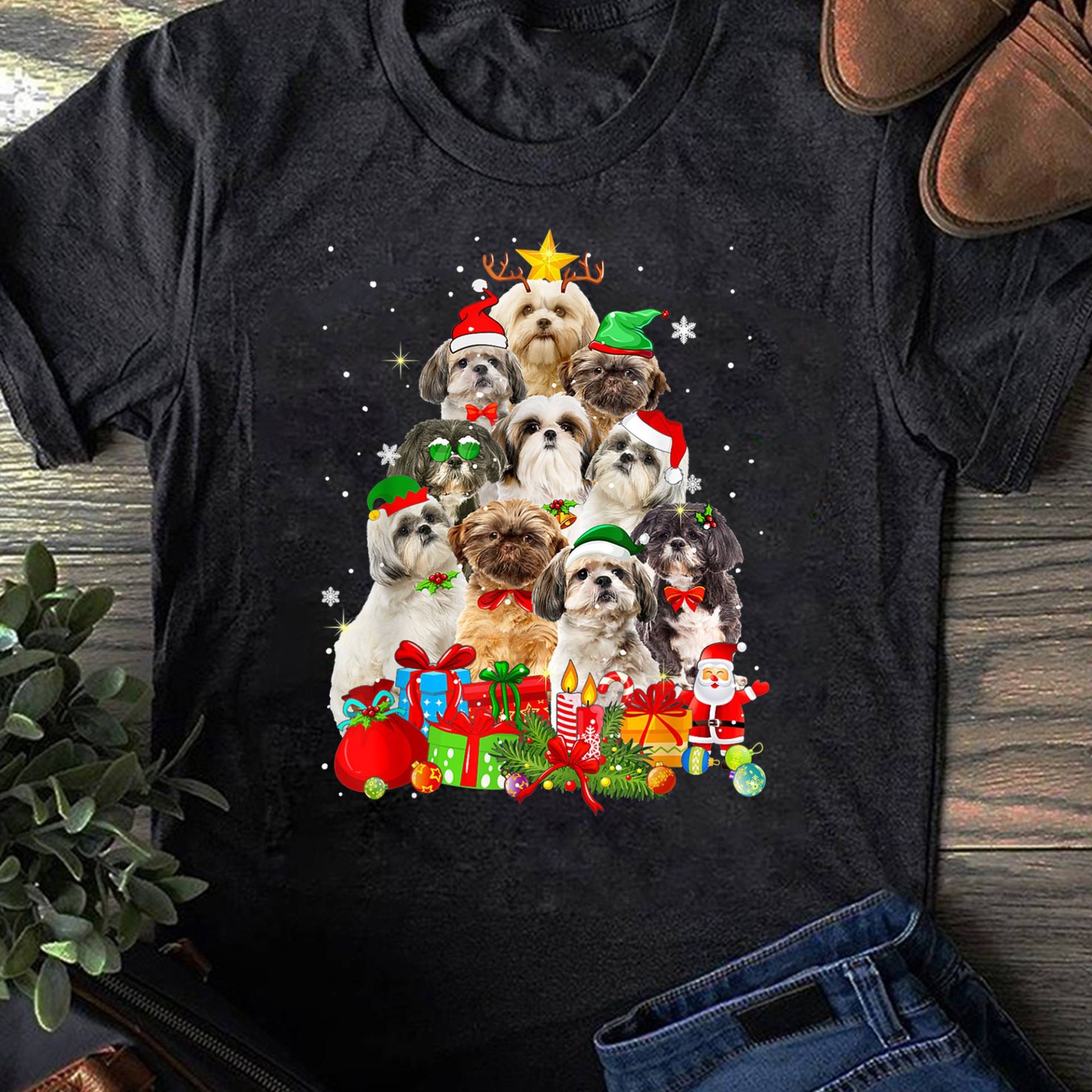 Lustiges Shih Tzu Weihnachtsbaum Lichter Welpe Hundeliebhaber T-Shirt - Geschenk Für Lustiger Hund Liebhaber Muttertag von LeonaTee