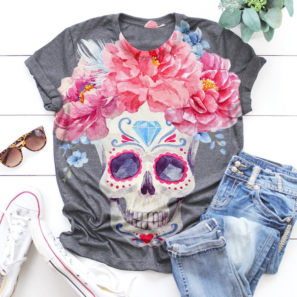 Skull Flower - Lustige Totenköpfe Shirt, Skelett Goth Halloween Totenkopf T-Shirt, Humorvolles Kleidung von LeonaTee