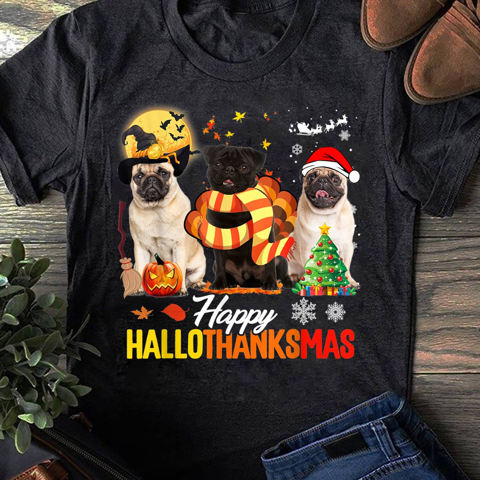 Süßer Mops Happy Hallothanksmas Halloween Thanksgiving X-Shirt - Geschenk Für Hundeliebhaber Lustiger Hund Liebhaber Muttertag von LeonaTee