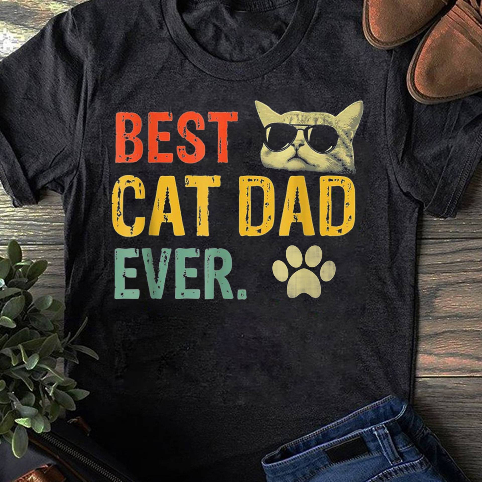 Vintage Best Cat Dad Ever T-Shirt Katzen Papa Geschenk - Katzenliebhaber Geschenk, Lustiges Katzenshirt, Sommer Shirt, Coole Katze, Katzenshirt von LeonaTee