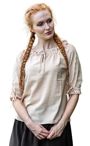Leonardo Carbone® Damen Bluse Mittelalter Kurzarmbluse Sandra | Verstellbarer Kordelzug | Elegante Spitzenverzierung | Karneval, Halloween, Cosplay, LARP, Tunika, Hemd | 100% Baumwolle Hanf M von Leonardo Carbone