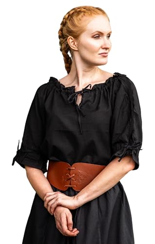 Leonardo Carbone® Damen Bluse Mittelalter Kurzarmbluse Sandra | Verstellbarer Kordelzug | Elegante Spitzenverzierung | Karneval, Halloween, Cosplay, LARP, Tunika, Hemd | 100% Baumwolle Schwarz M von Leonardo Carbone